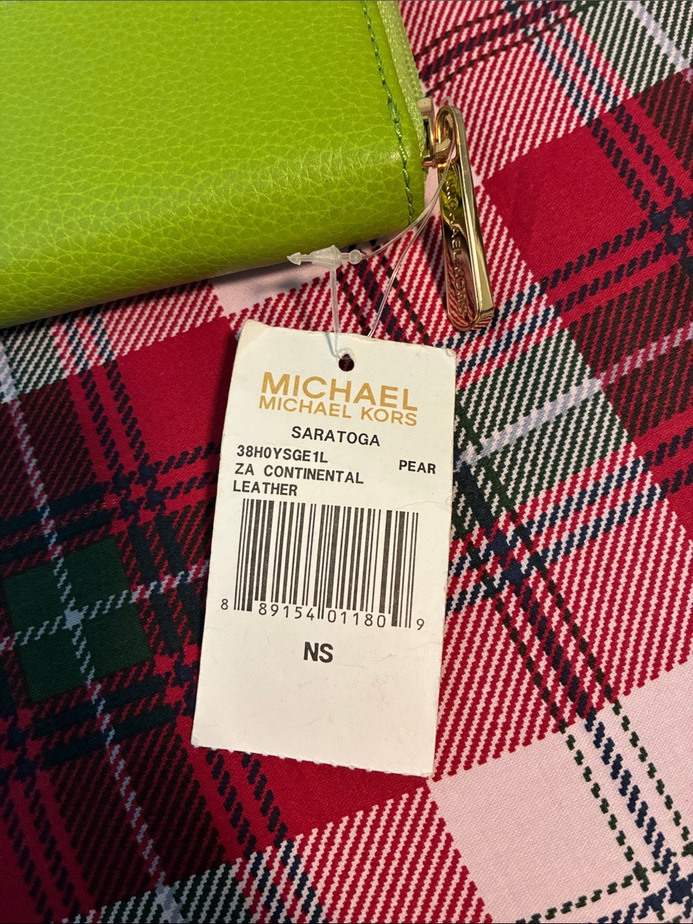 Michael Kors Bright Lime Green Leather Zip Wallet with Gold Plaque - Picture 2 of 4